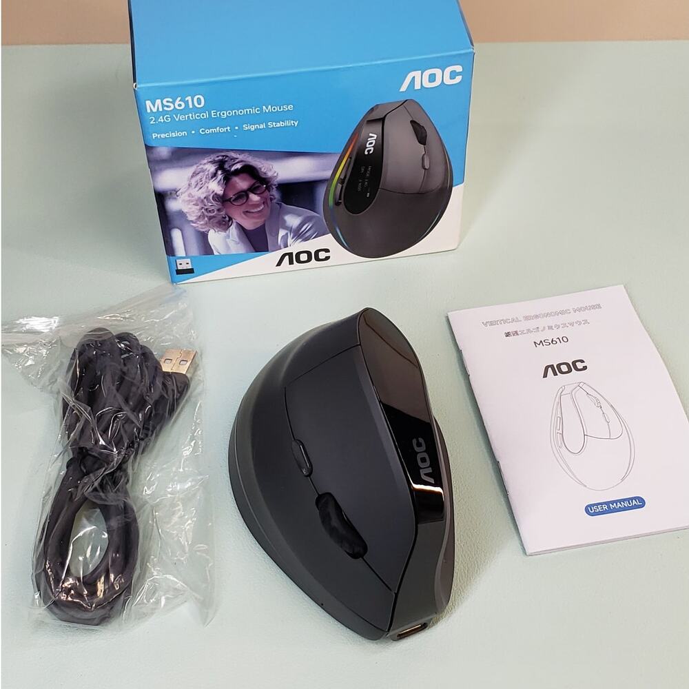 Vertical Ergonomic Wireless Mouse Bluetooth 2.4G Rechargeable RGB. AOC MS610